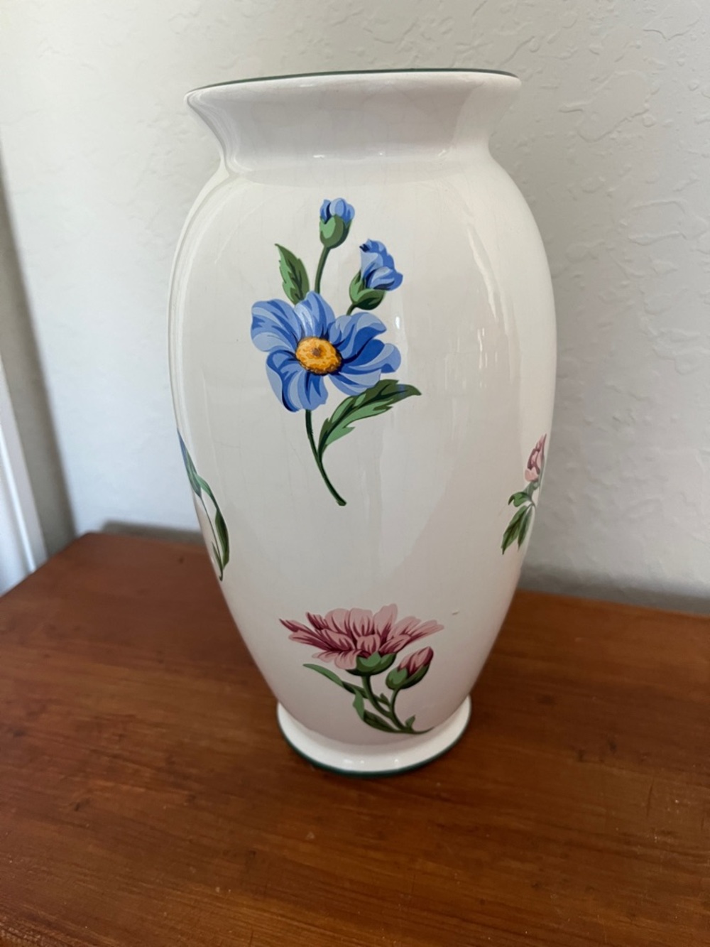 Tiffany & Co. White Ceramic Sinatra Vase with Blue and Pink Floral Design 1960’s
